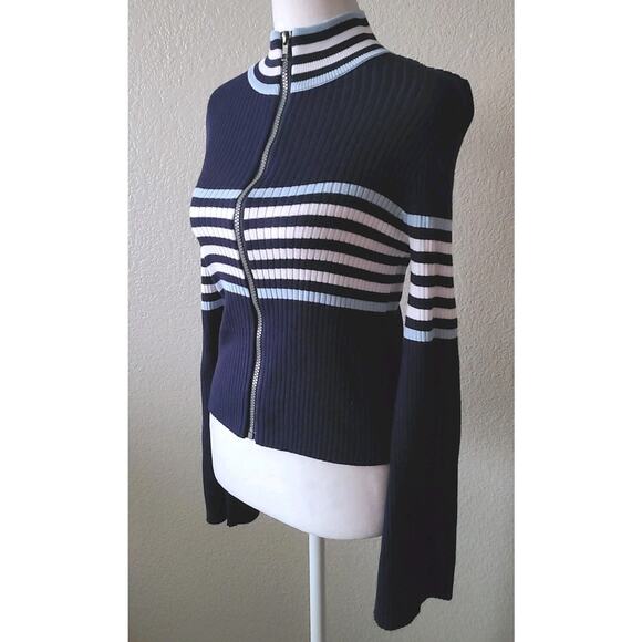 Cali‎ Be Full Zip Cardigan Sweater Women Medium Navy Blue Stripe Preppy Academia - Picture 7 of 13